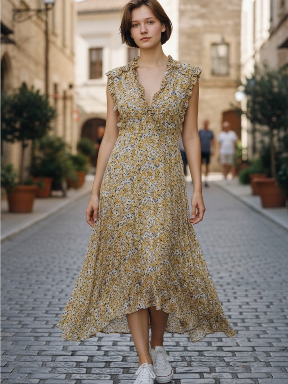 Pinch Yellow Floral Ruffle Midi Dress